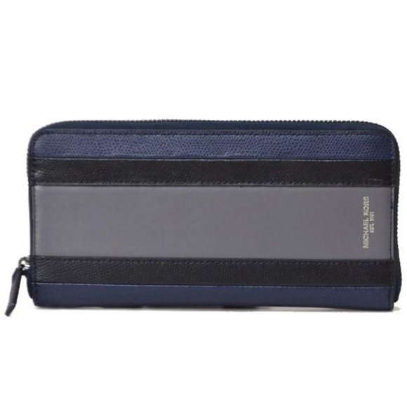 MICHAEL KORS Men's Long Wallet Coated Leather Striped Zip 36T7LWRE3 NAVY - Picture 1 of 6